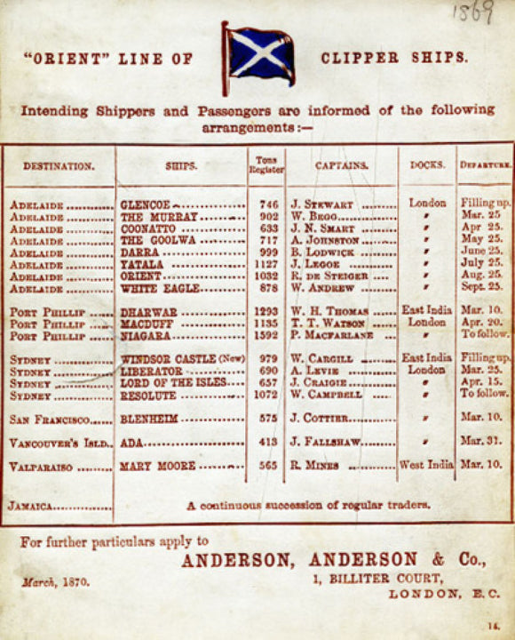 Orient Line card for passage to Adelaide
