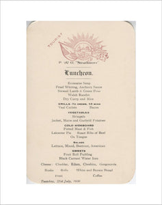 P&O Tourist Class Lunch menu, 1936