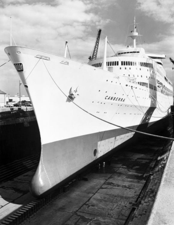 Bow view of CANBERRA in dry-dock